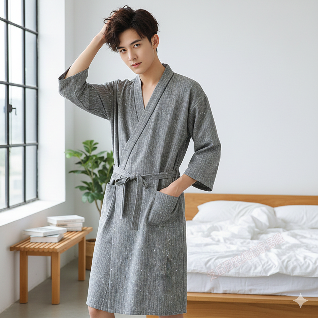 สไตล์ญี่ปุ่นสองชั้นเส้นด้ายฝ้ายผ้าฝ้ายแท้กิโมโนยูกาตะคู่สไตล์ผ้าฝ้ายเสื้อคลุมอาบน้ํา ชุดนอน โฟร์ซีซั่บางสไตล์ผู้ชายผู้หญิงเหงื่อไอน้ําซาวน่าเสื้อผ้าผู้ป่วยเสื้อผ้าแพทย์ น